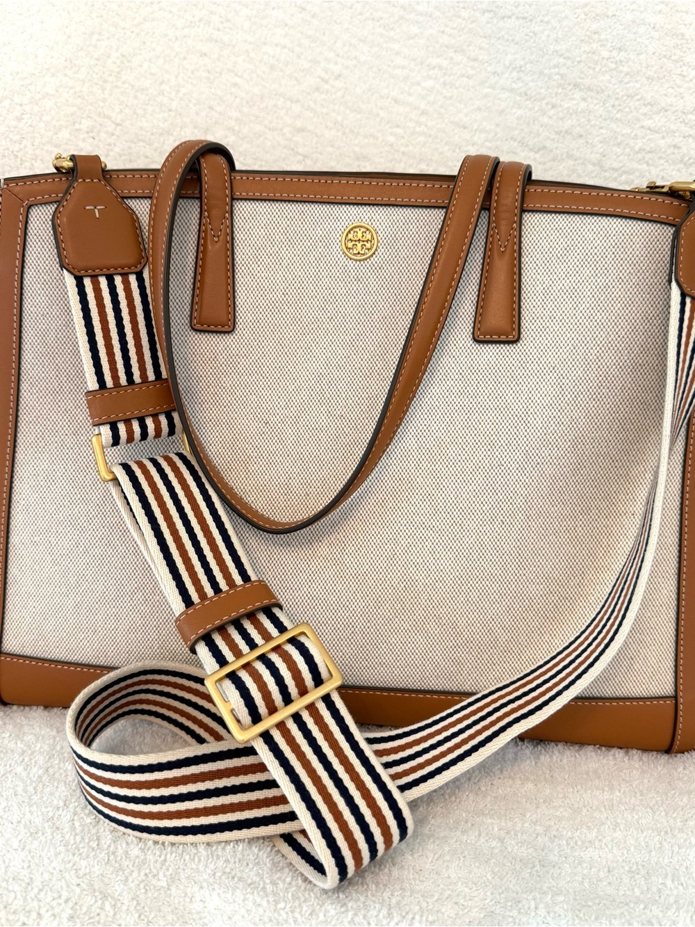 Tory Burch Full Sized Walker Canvas Satchel. Leather Trim & Extra Strap - Picture 3 of 15